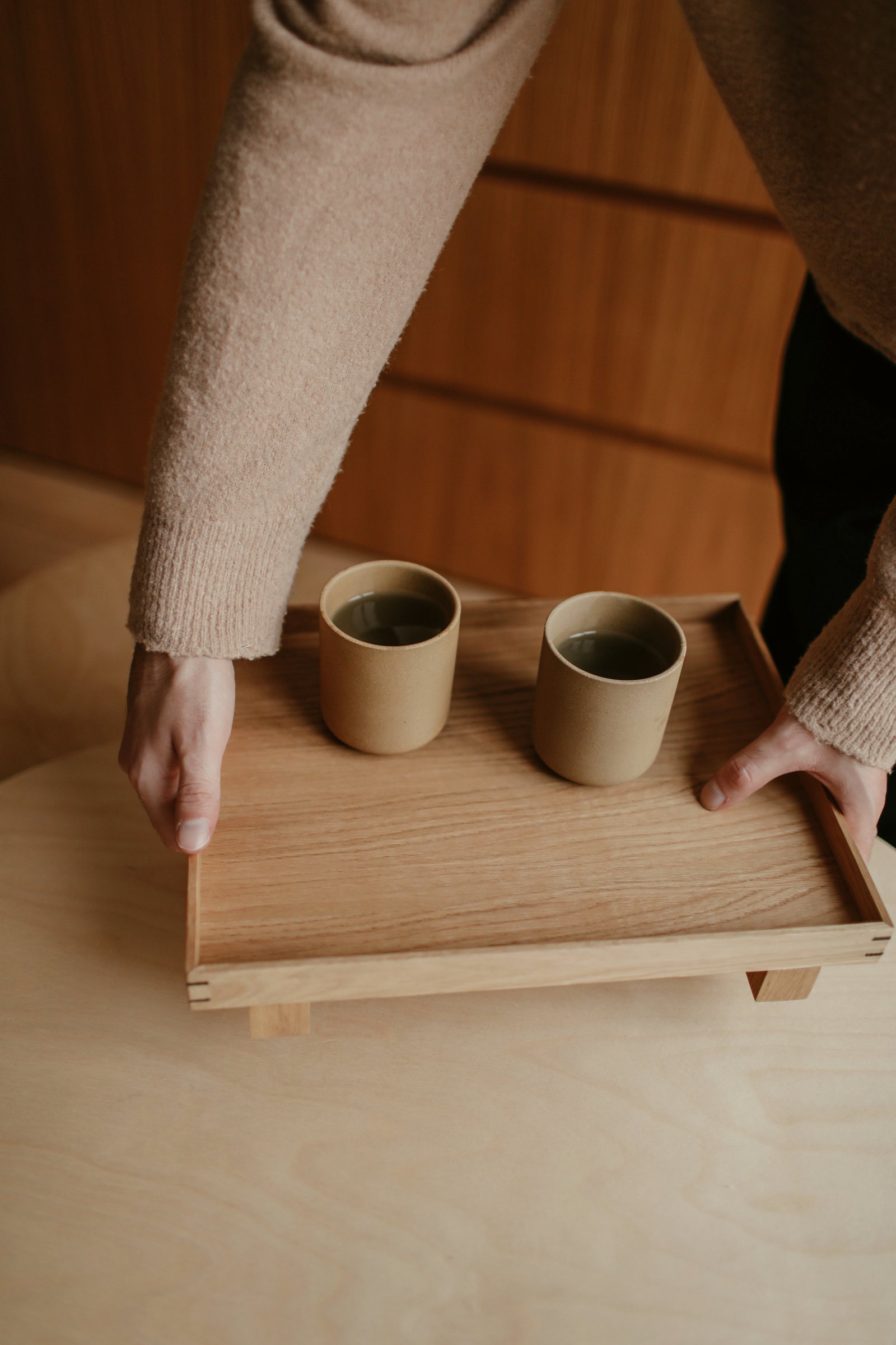 oak and linen serving tray