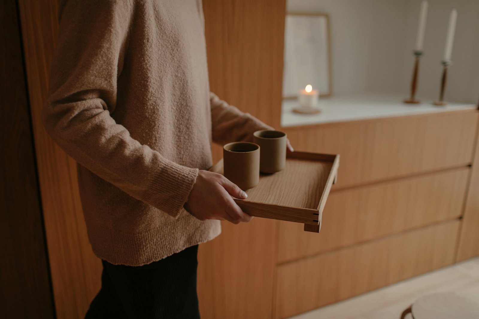 oak and linen serving tray